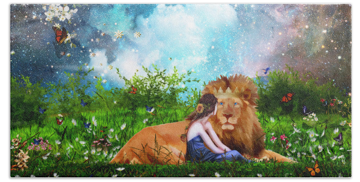 Lion Of Judah King Of Heaven Lord Of Lord Garden Chat Bath Towel featuring the digital art Alone with the King by Dolores Develde