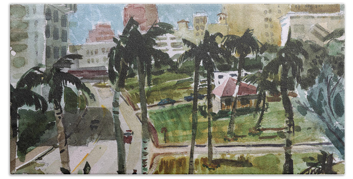 City Hand Towel featuring the painting Along Flagler Drive by Thomas Tribby