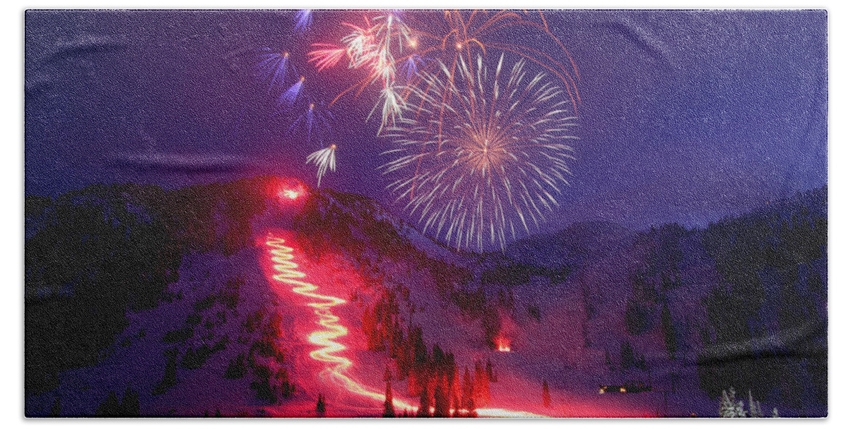 Alta Ski Utah Torchlight Fireworks Celebration Birthday Bath Towel featuring the photograph Alta Ski Area 75th Birthday Celebration by Brett Pelletier