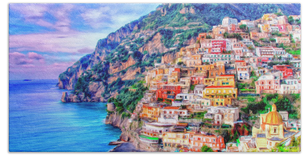 Amalfi Coast Hand Towel featuring the painting Amalfi Coast at Positano by Dominic Piperata