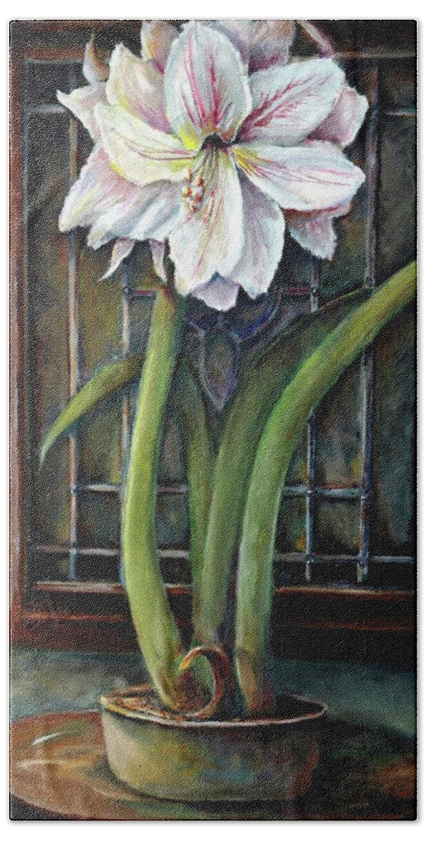 Amaryllis Window Stain Glass White Magenta Green Vase Hand Towel featuring the painting Amaryllis In The Window by Bernadette Krupa