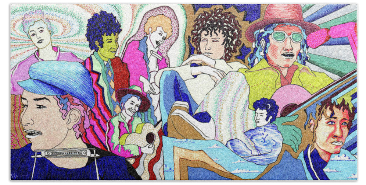 Bob Dylan Bath Towel featuring the painting Jelly Roll Bob - Portraits of Dylan by Miko Arts