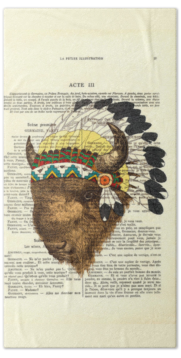 Dictionary Art Hand Towel featuring the digital art American Bison - Buffalo With Indian Headdress by Madame Memento