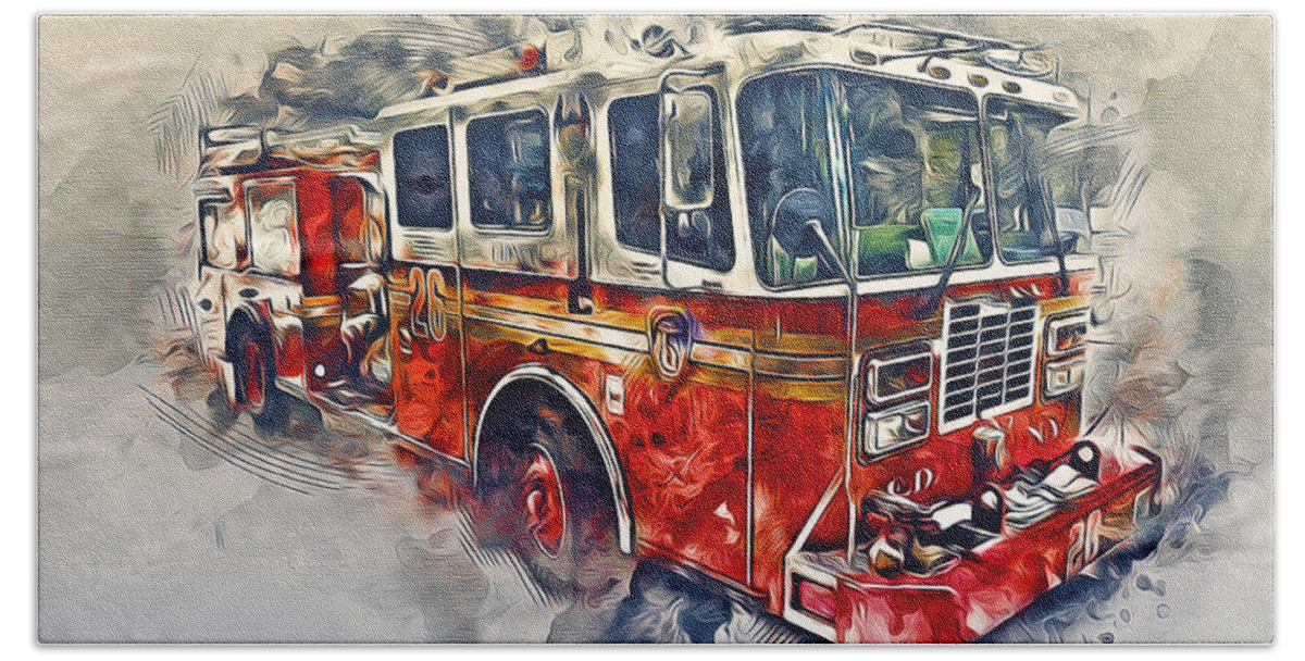 Fire Hand Towel featuring the photograph American Fire Truck by Ian Mitchell