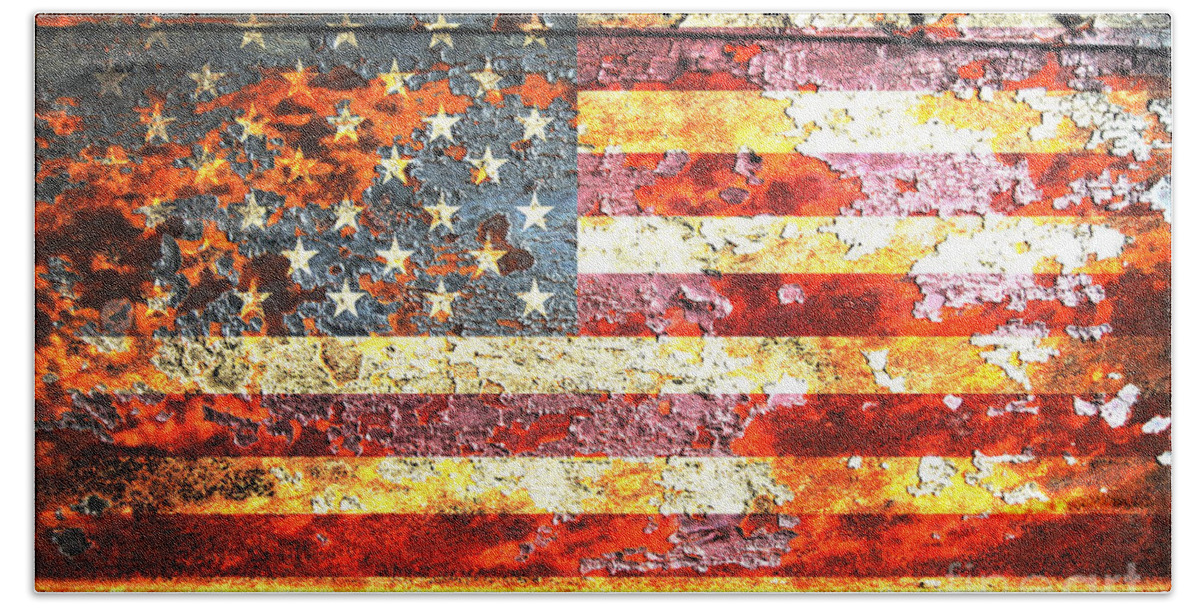 American Bath Towel featuring the digital art American Flag On Rusted Riveted Metal Door by M L C