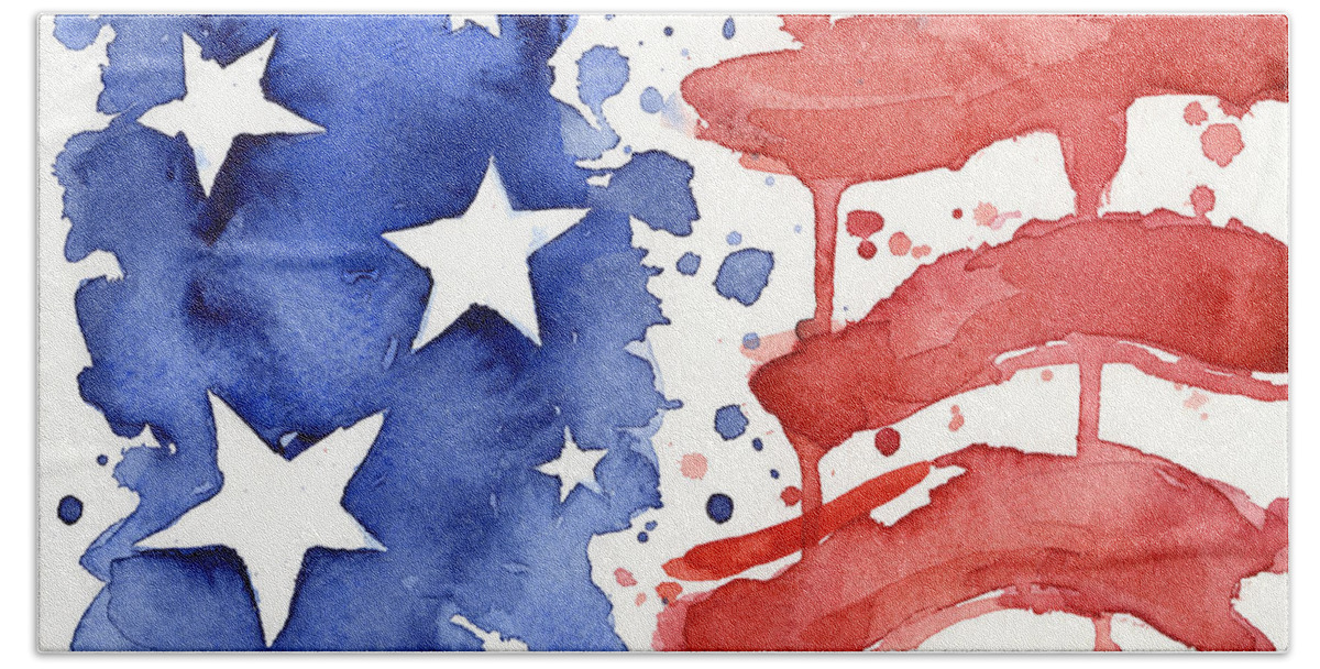 Red Hand Towel featuring the painting American Flag Watercolor Painting by Olga Shvartsur