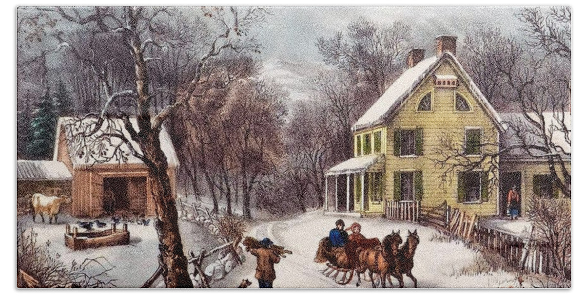 Winter Scene Hand Towel featuring the painting American Homestead by Currier and Ives