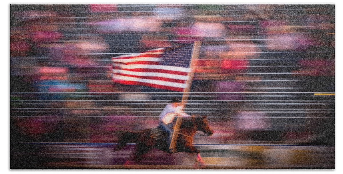 Lewiston Idaho Roundup September Grounds tough Enough To Wear Pink American Flag Red White Blue Pink Stands People Horse Rider Rodeo Cowboy Fans Blur Bath Towel featuring the photograph American Horse Glory by Brad Stinson