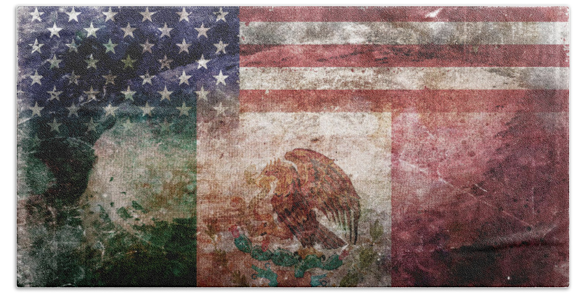 Composite Hand Towel featuring the digital art American Mexican Tattered Flag by Az Jackson