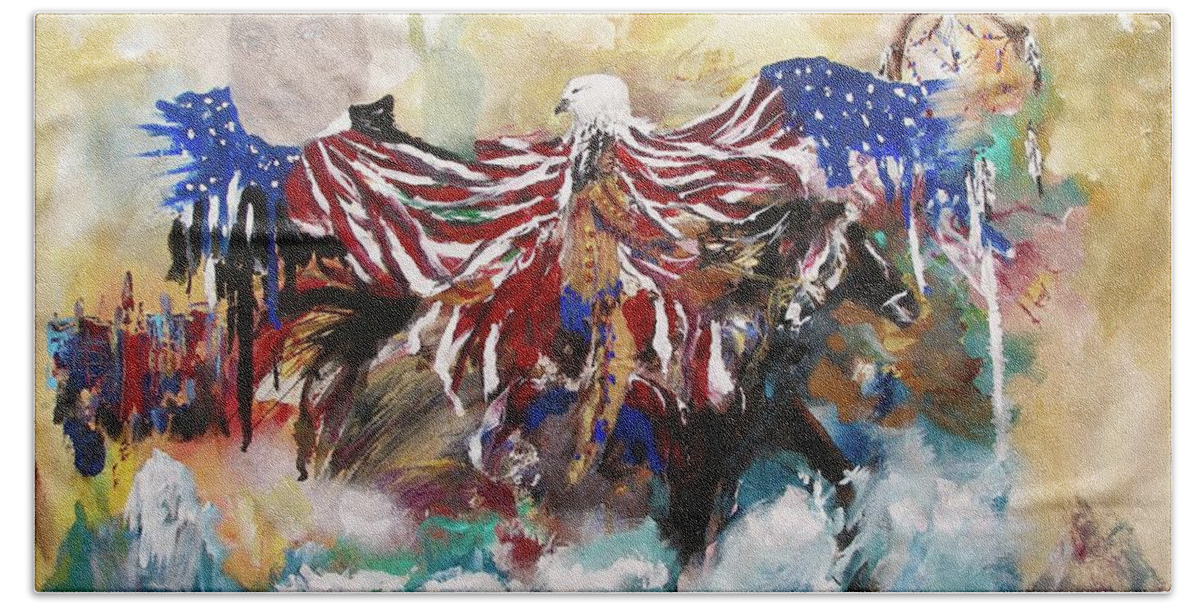 American Pride Flag Eagle Indian Horse New York George Washington President History Wave Ocean Abstract Painting Indian Symbol City Statue Liberty Freedom Blue Red White American Eagle Miroslaw Chelchowski Hand Towel featuring the painting American Pride by Miroslaw Chelchowski