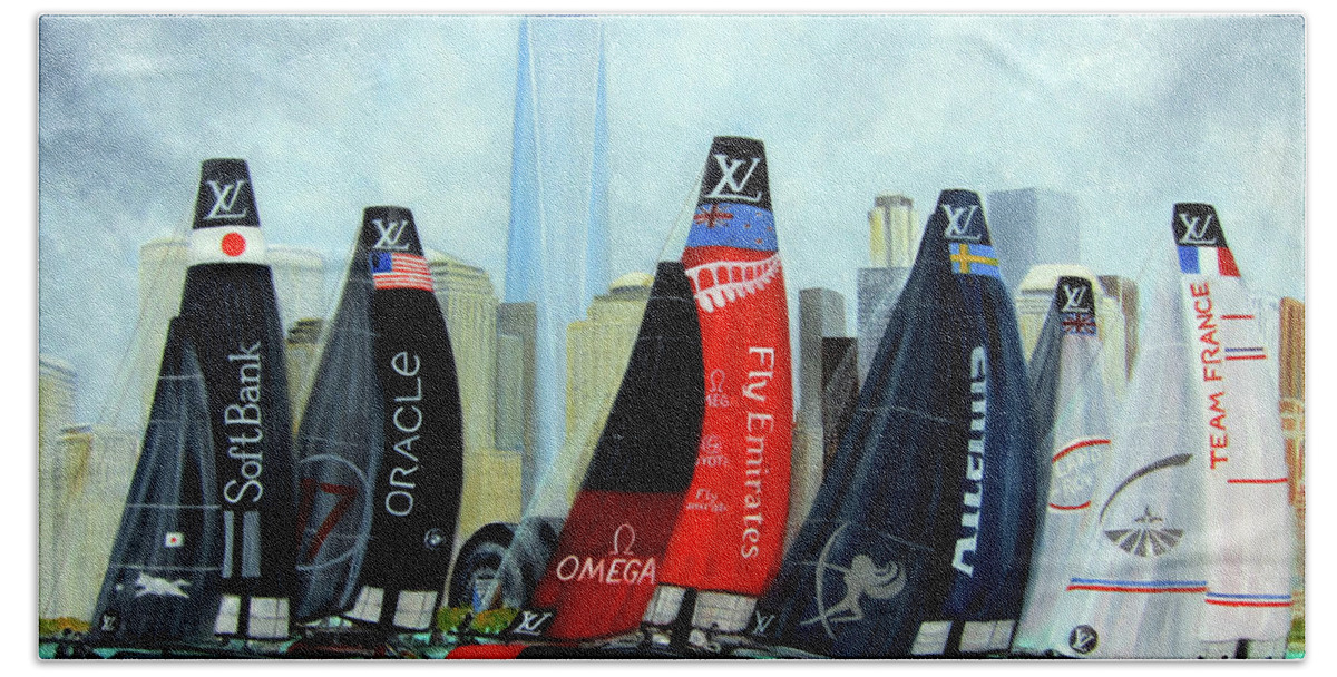 Americas Cup Sailing Race Bath Towel featuring the painting America's Cup New York City by Leonardo Ruggieri