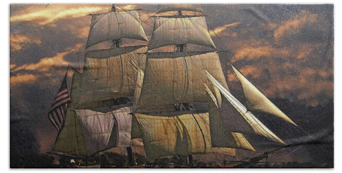 America's Ship Bath Towel featuring the painting America's Ship by Harry Warrick