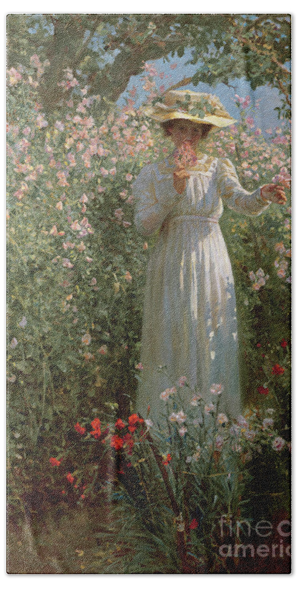 Among The Flowers Bath Towel featuring the painting Among the Flowers by Robert Payton Reid