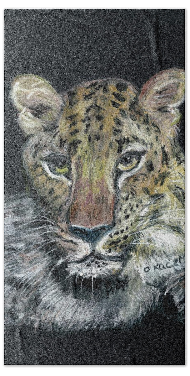 Amur Leopard Black Background Hand Towel featuring the pastel Amur Leopard by Olga Kaczmar