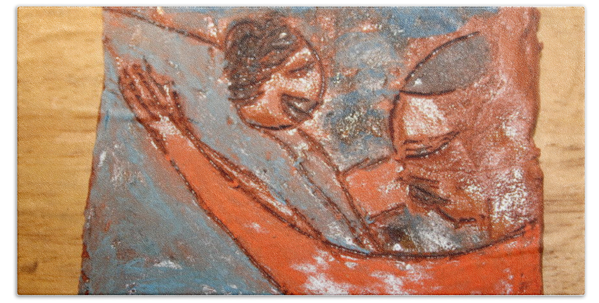 Jesus Bath Towel featuring the ceramic art Amuweese - Ile by Gloria Ssali