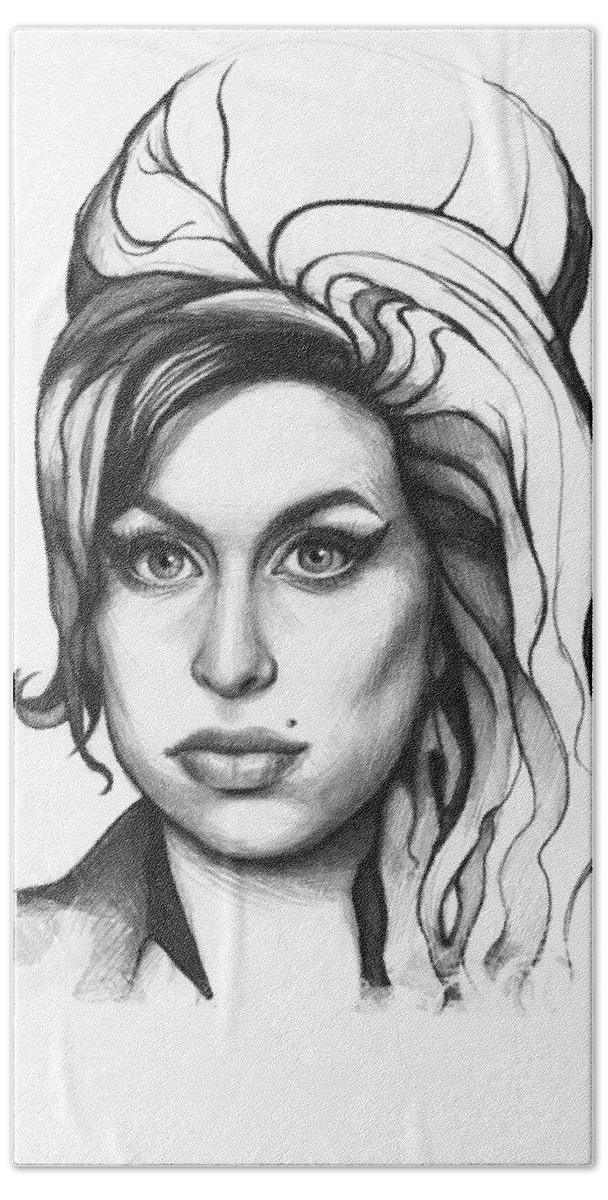 Amy Hand Towel featuring the drawing Amy Winehouse by Olga Shvartsur