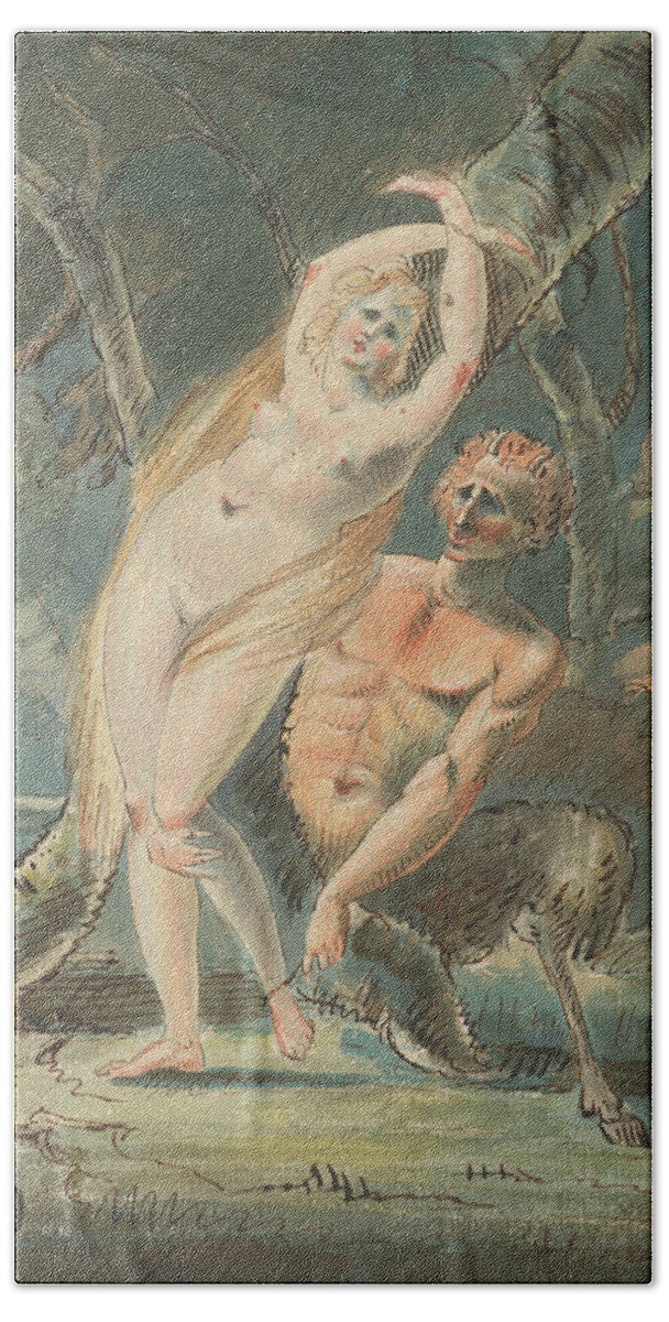 19th Century Art Bath Towel featuring the drawing Amymone with a Lecherous Satyr by William Hamilton