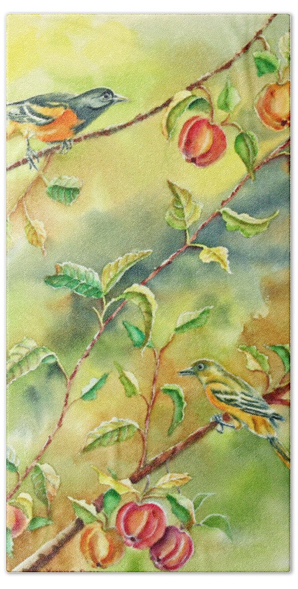 Baltimore Oriole Birds Bath Towel featuring the painting An Apple A Day by Kathryn Duncan