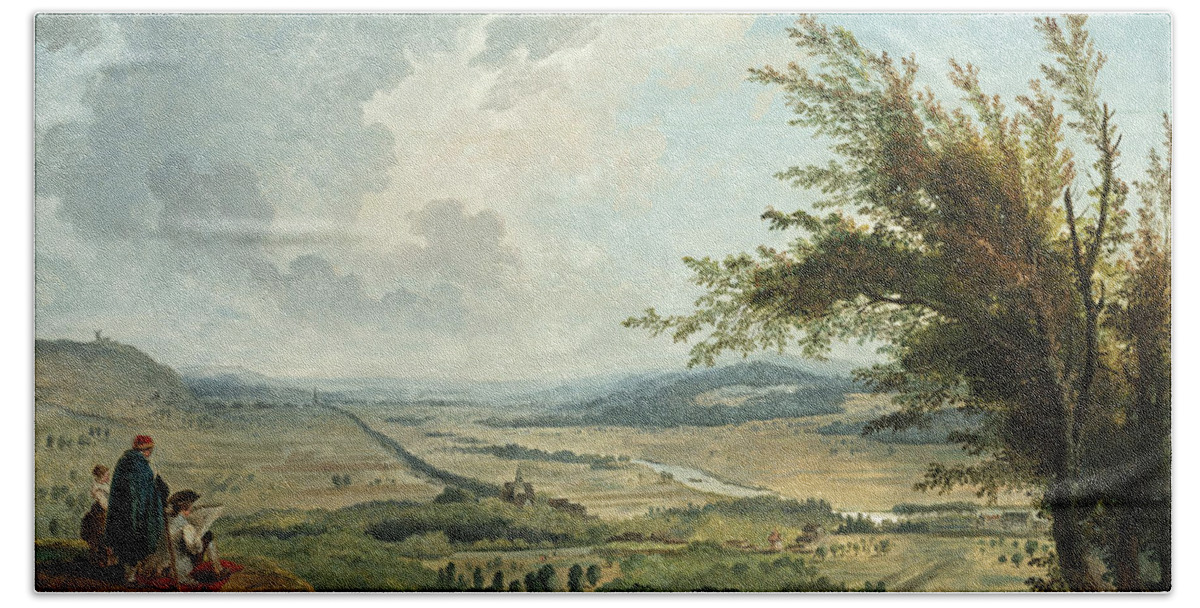 Hubert Robert Bath Towel featuring the painting An Extensive Landscape near Paris by Hubert Robert