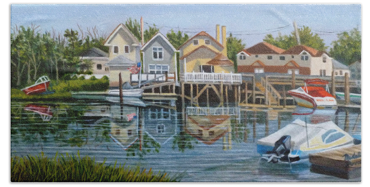 Waterfront Scene Bath Towel featuring the painting An Oasis Of Peace In Queens by Madeline Lovallo
