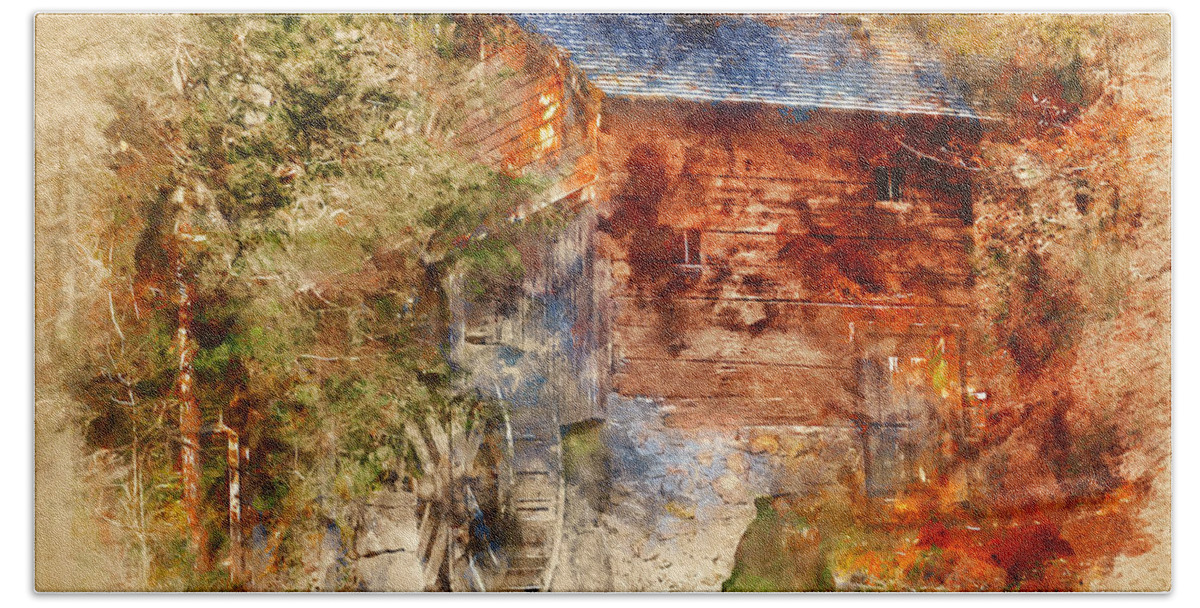 Mill Bath Towel featuring the painting An old watermill - 12 by AM FineArtPrints