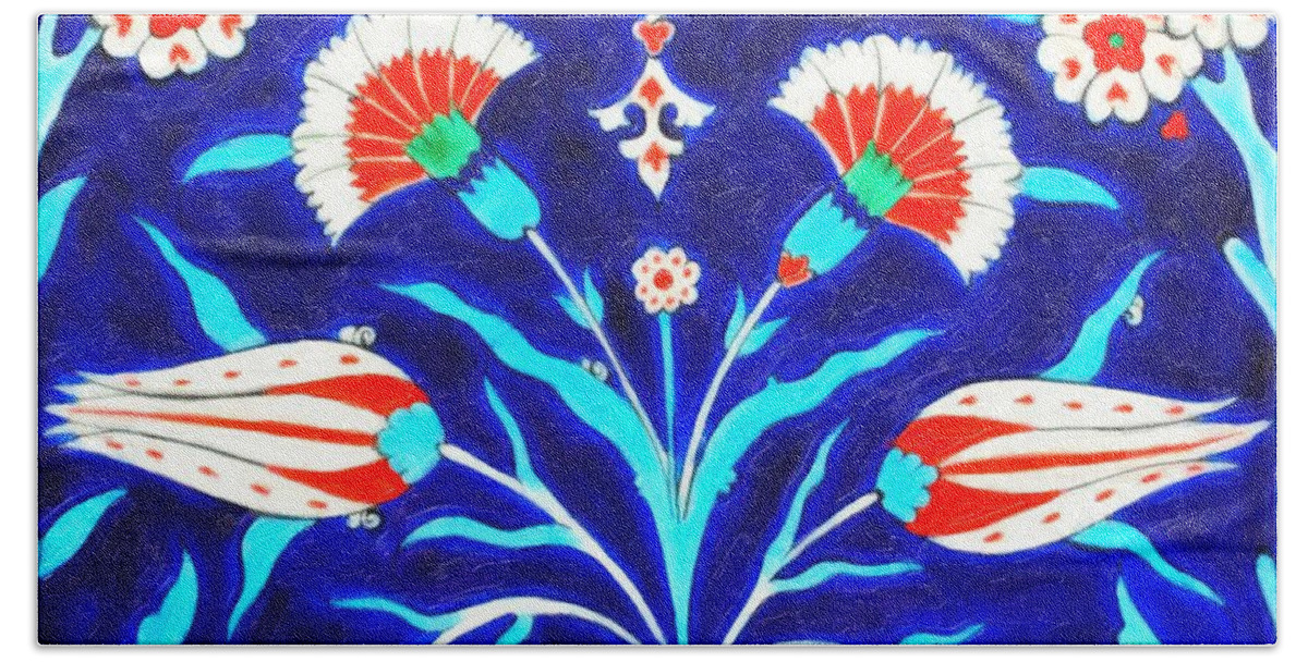 Turkish Bath Towel featuring the painting An Ottoman Iznik style floral design pottery polychrome, by Adam Asar, No 48L painting by Celestial Images