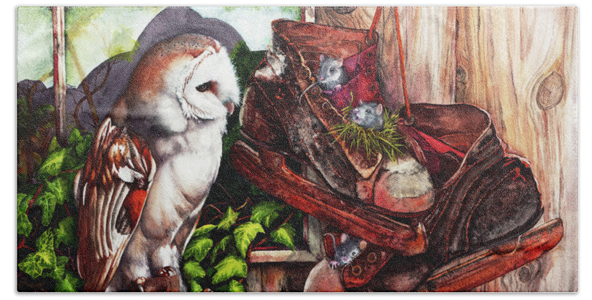 Owl Hand Towel featuring the painting An Unwelcome Visitor by Peter Williams