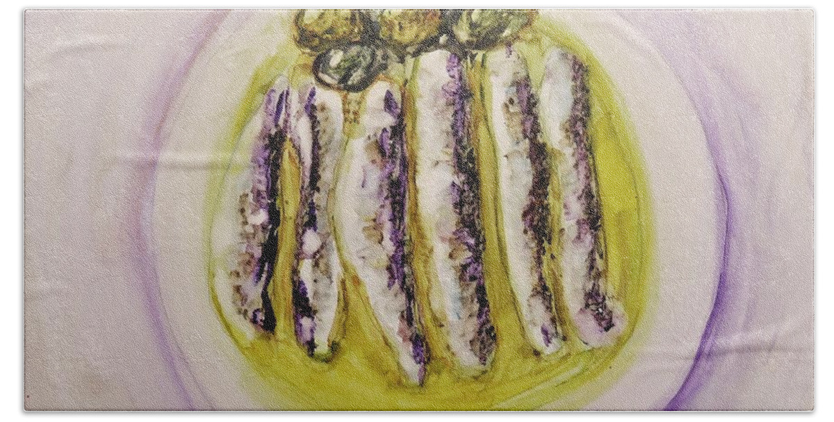 Anchovy Hand Towel featuring the painting Anchovies and Olives by Laurie Morgan