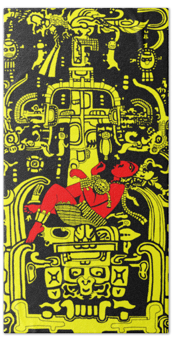 Ancient Hand Towel featuring the digital art Ancient Astronaut Yellow and Red version by Piotr Dulski