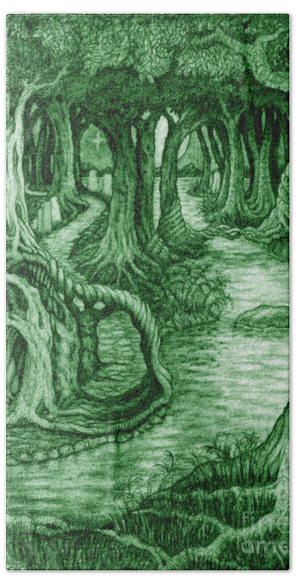 Mythology Bath Towel featuring the drawing Ancient Forest by Debra Hitchcock