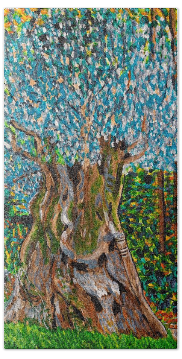 Olive Bath Towel featuring the painting Ancient Olive Tree by Valerie Ornstein