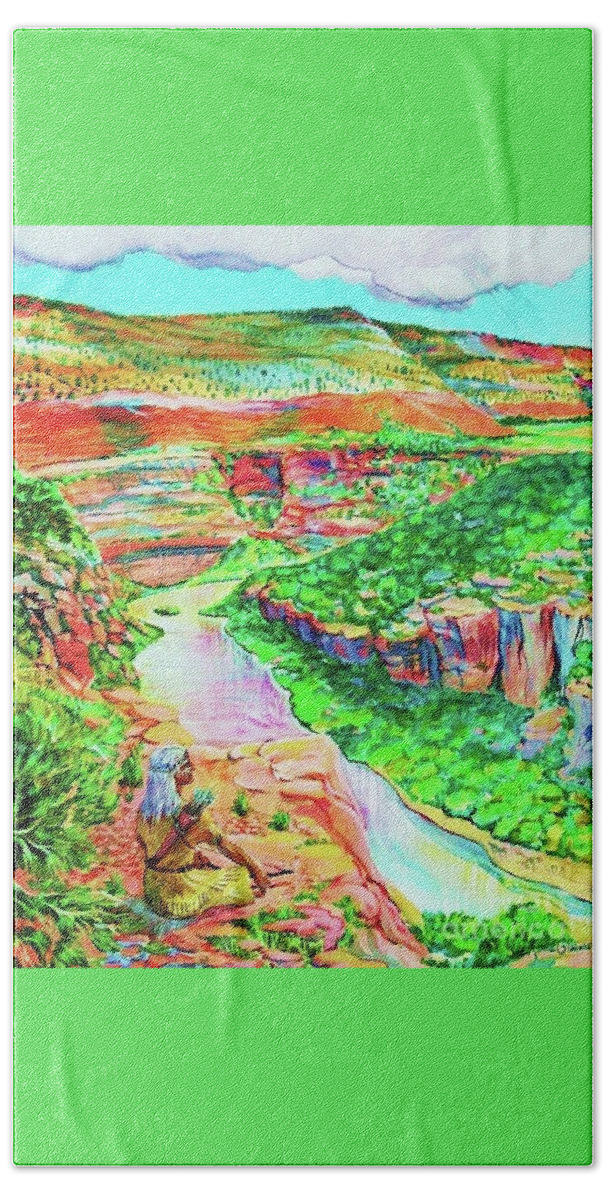 Dolores River Basin Hwy 414 Southwestern Colorado Fantasy Of Anasazi Indian Sitting On Cliff Viewing The River Hand Towel featuring the painting Ancient One views river by Annie Gibbons