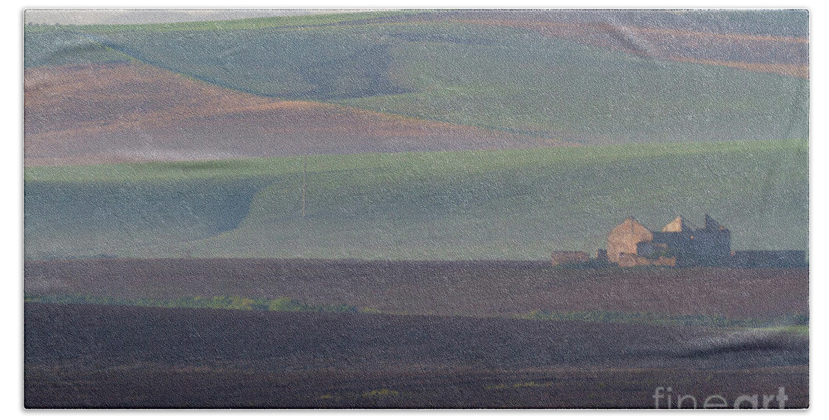 Landscape Bath Towel featuring the photograph Andalusian Fields in Morning Mists by Heiko Koehrer-Wagner