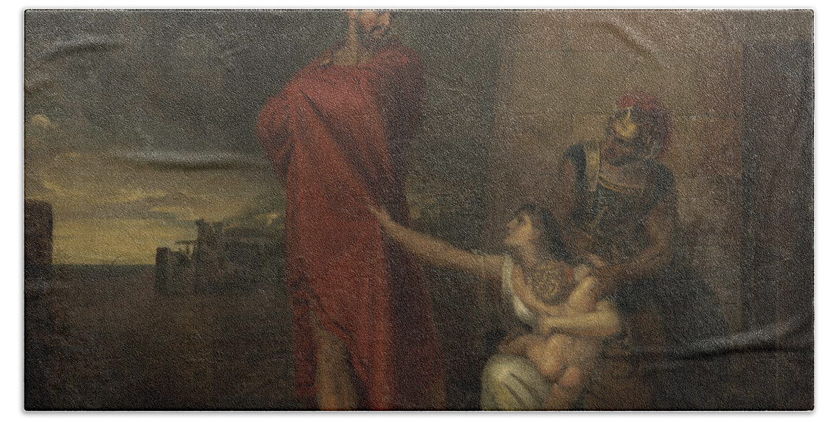 Andromache Imploring Ulysses To Spare The Life Of Her Son. Hand Towel featuring the painting Andromache imploring Ulysses to spare the life of her son by Celestial Images