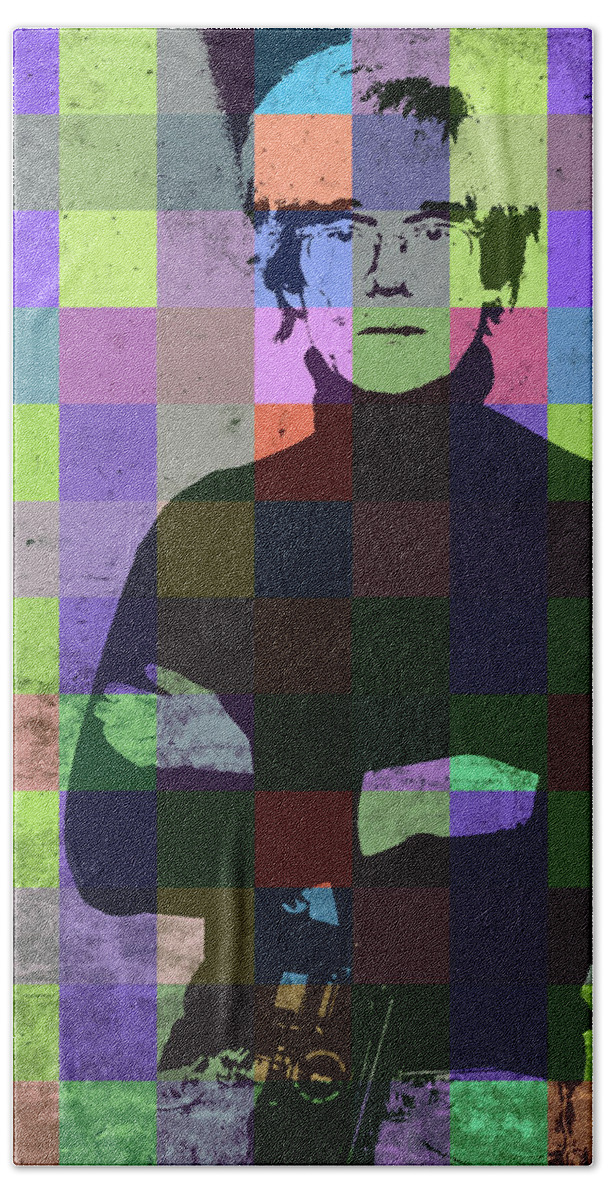 Andy Warhol Hand Towel featuring the mixed media Andy Warhol Hollywood Pop Art Patchwork Portrait Pop of Color by Design Turnpike