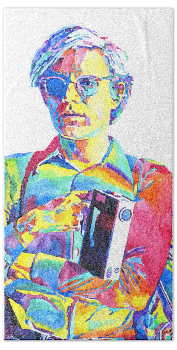 Andy Warhol Bath Towel featuring the painting Andy Warhol - Media Man by David Lloyd Glover