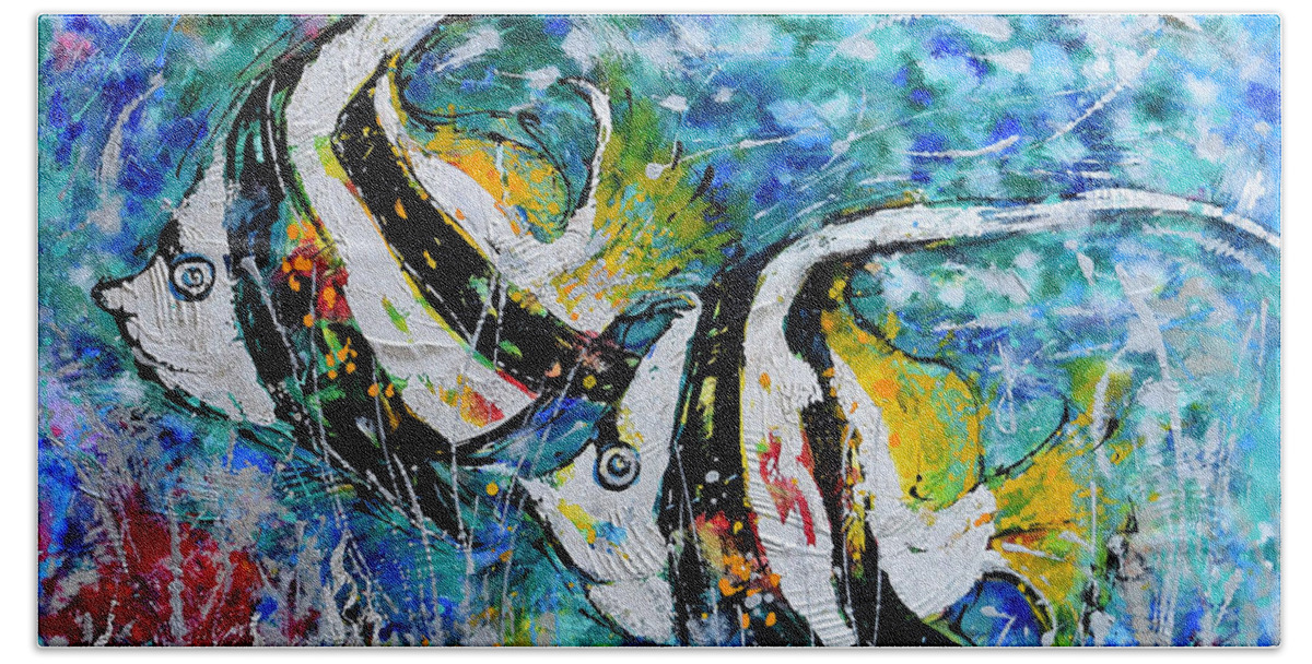 Angel Fish Bath Towel featuring the painting Angel Fish by Jyotika Shroff
