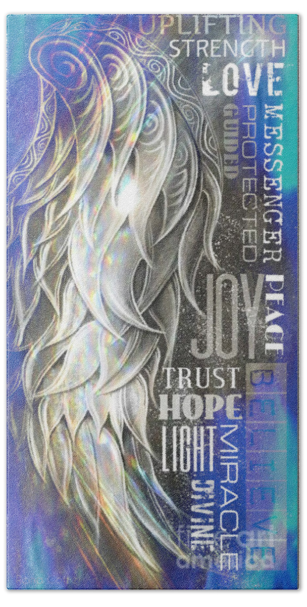 Word Bath Towel featuring the painting Angel Wing Wordart Blue by Reina Cottier
