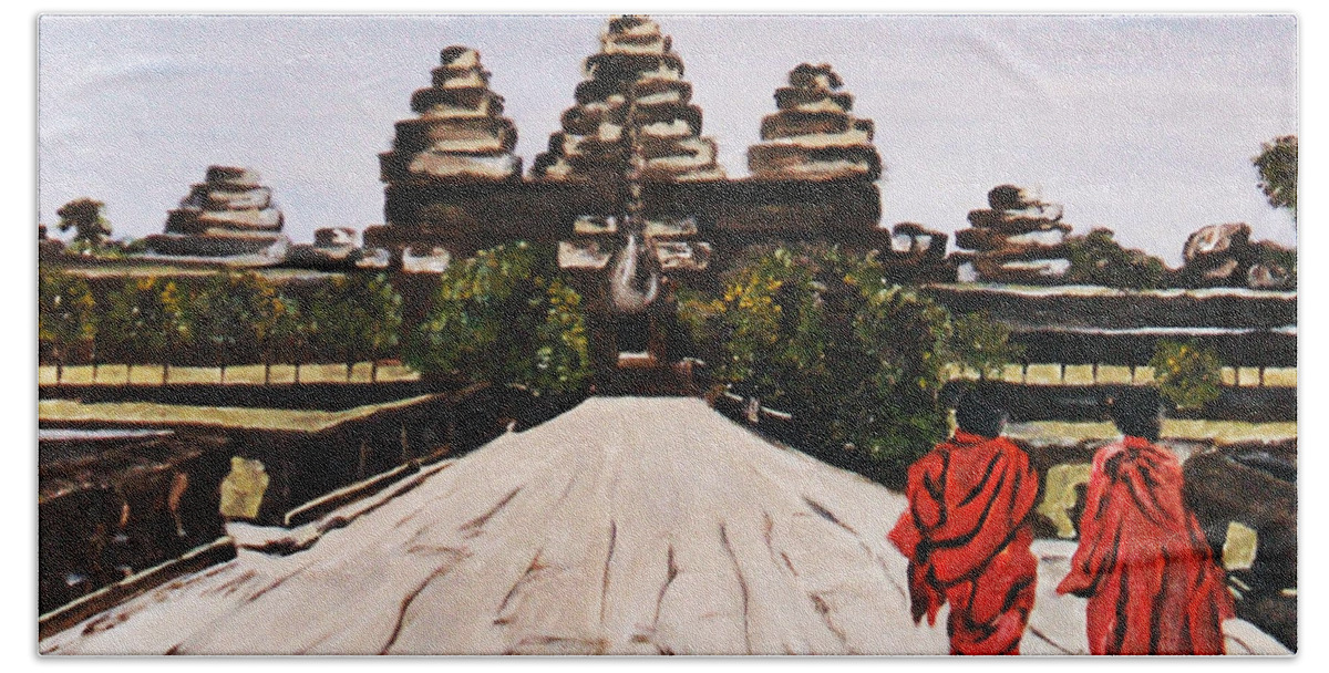 Angkor Wat Bath Towel featuring the painting Angkor Wat by Carol Tsiatsios
