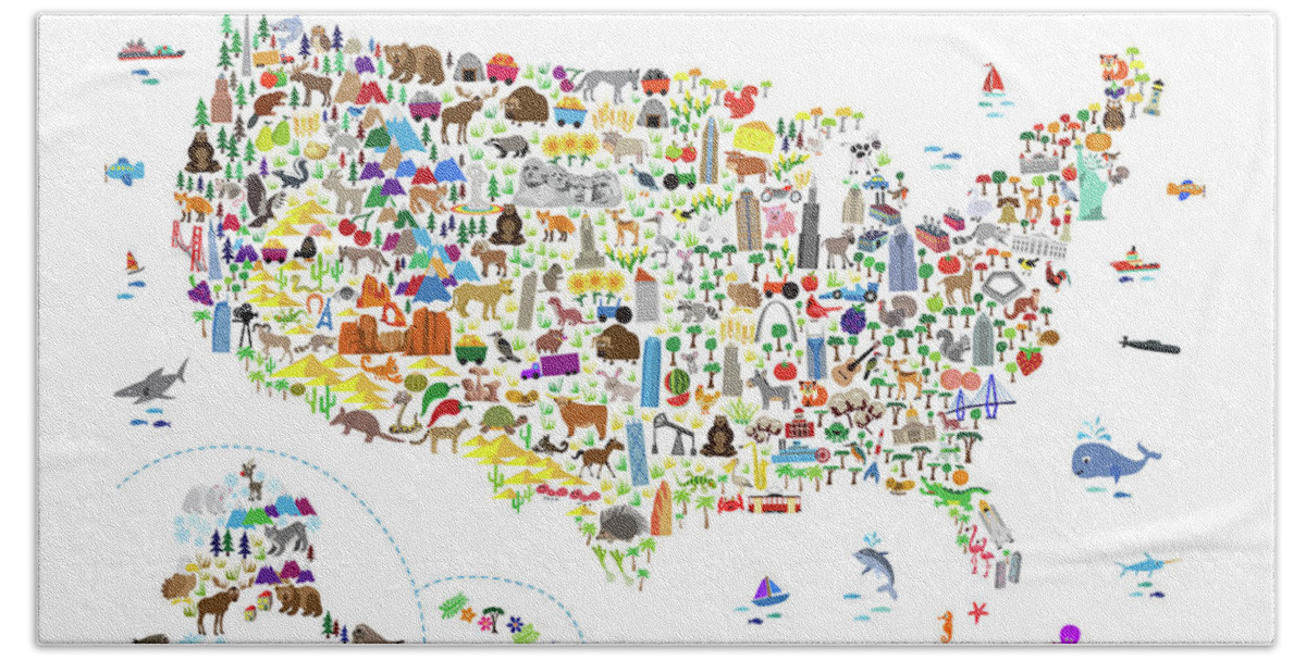 Usa Map Hand Towel featuring the digital art Animal Map of United States for children and kids by Michael Tompsett