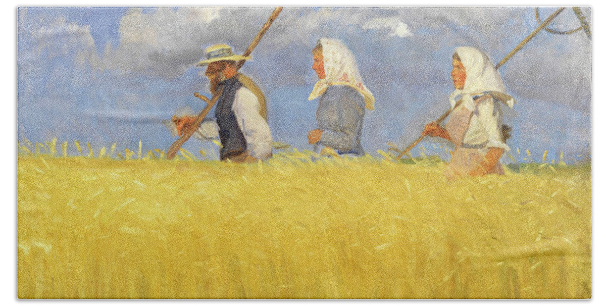 Anna Ancher Bath Towel featuring the painting Anna Ancher Harvesters 1905 by Movie Poster Prints