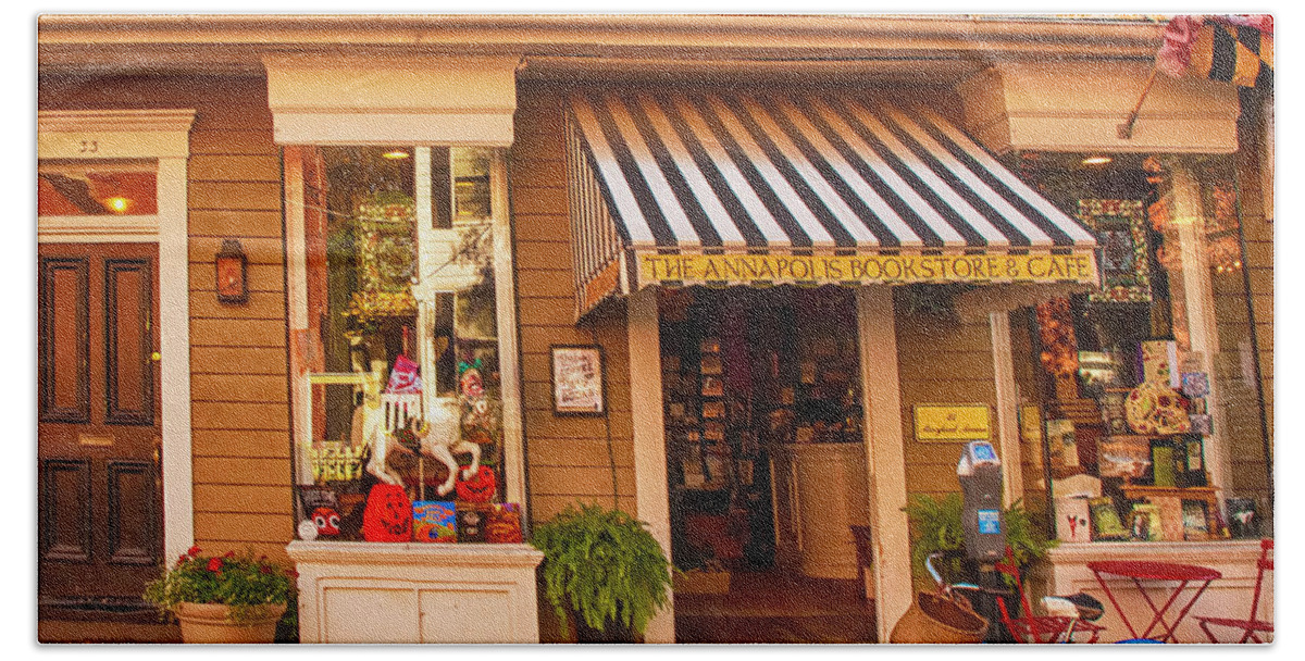 Annapolis; Bookstore; Cafe; Bike Bicycle; Maryland; Halloween; Store Bath Towel featuring the photograph Annapolis Bookstore by Mick Burkey