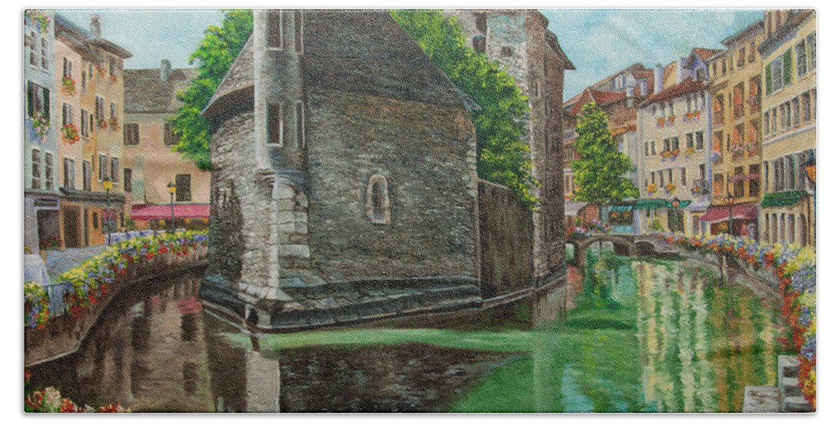 Annecy France Art Hand Towel featuring the painting Annecy-The Venice Of France by Charlotte Blanchard