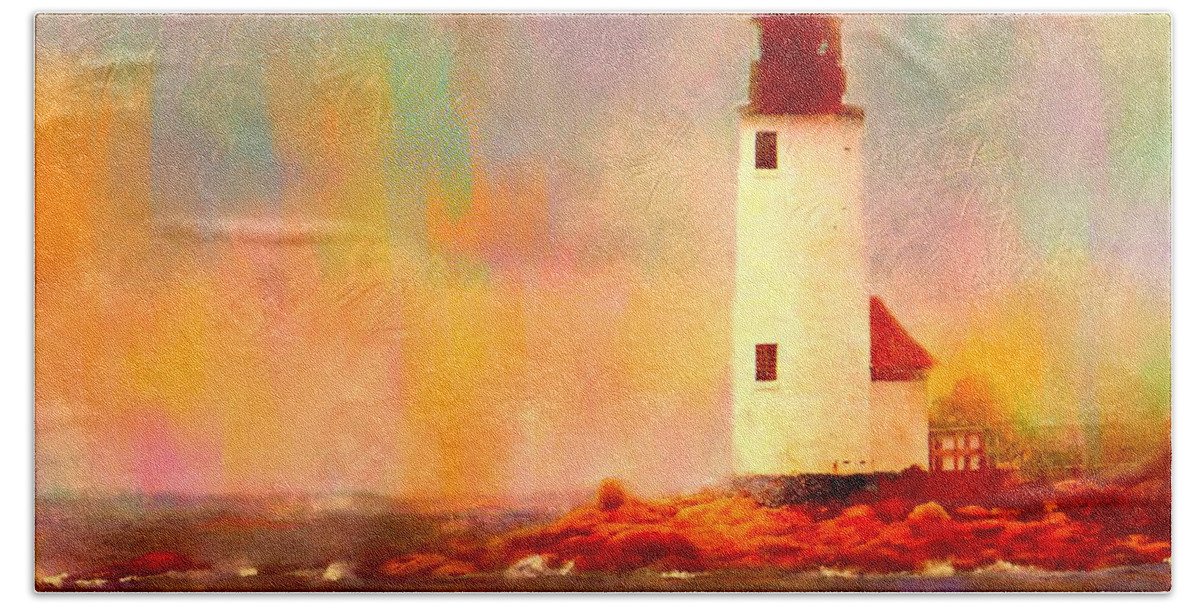 Lighthouse Bath Towel featuring the painting Annisquam Rainbow by Sand And Chi