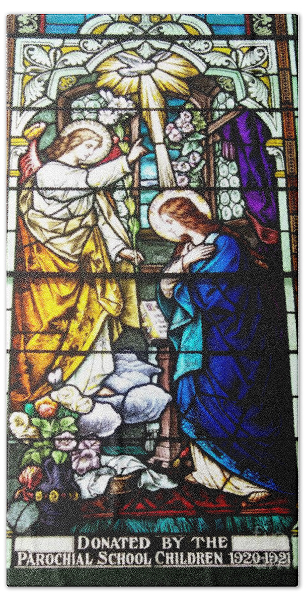 Annunciation In Stain Glass Bath Towel featuring the photograph Annunciation in Stain Glass by Seaux-N-Seau Soileau