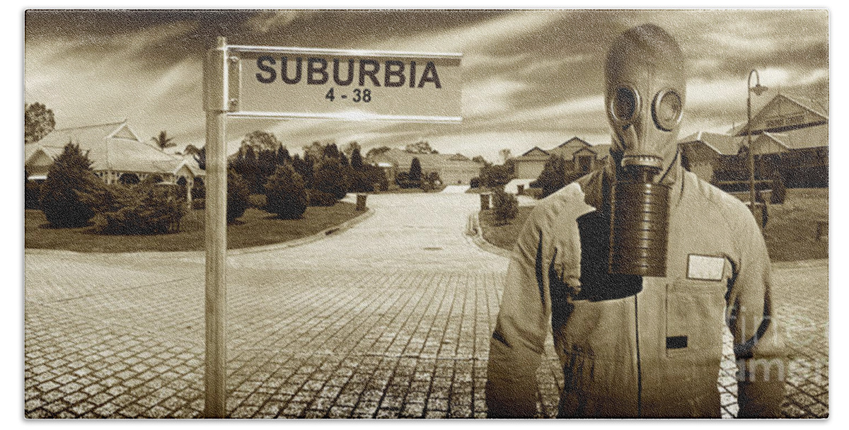 Gasmask Bath Towel featuring the photograph Another Day In Suburbia by Jorgo Photography
