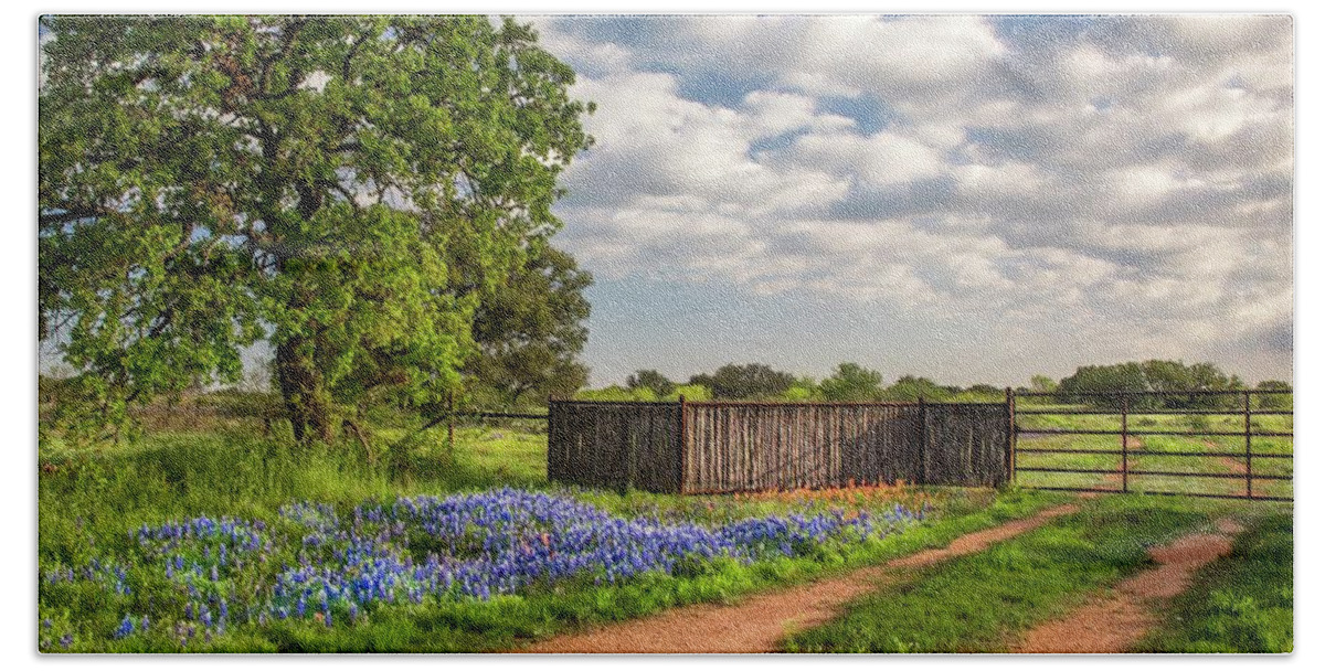 Texas Hand Towel featuring the photograph Texas Bluebonnet Ranch Road by Harriet Feagin