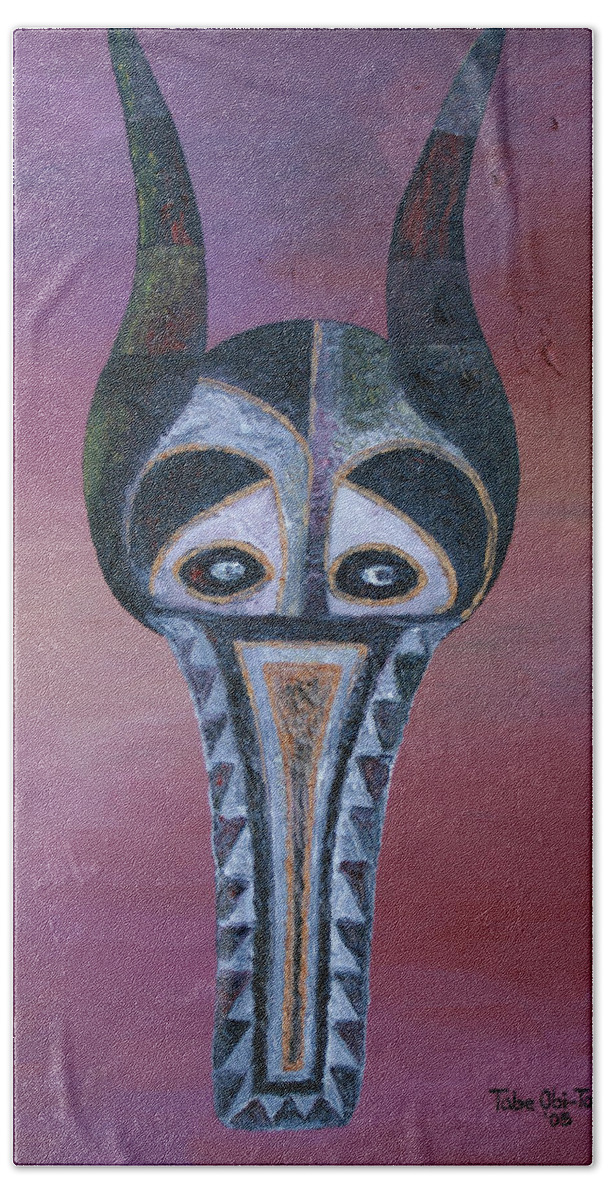 Antelop Mask Hand Towel featuring the painting Antelop Mask by Obi-Tabot Tabe