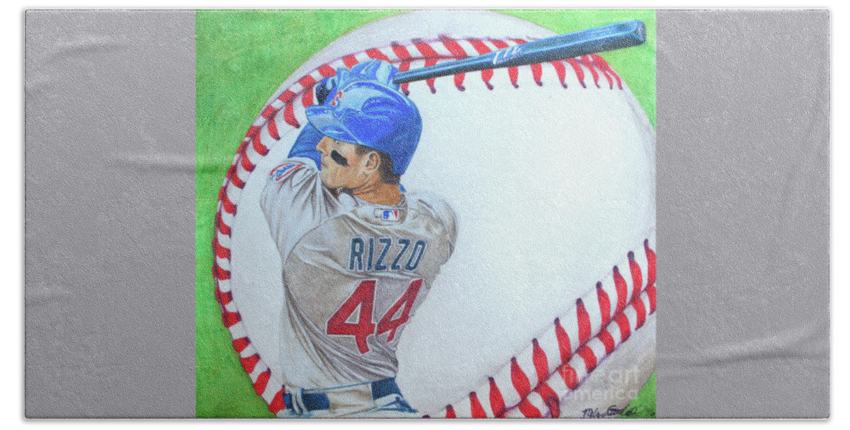 Anthony Rizzo Bath Towel featuring the drawing Anthony Rizzo 2016 by Melissa Jacobsen