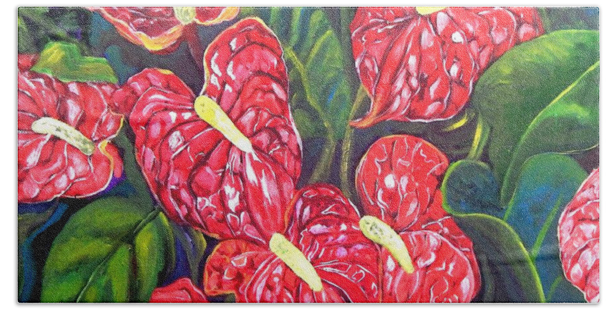 Flowers Bath Sheet featuring the painting Anthurium Flowers by Caroline Street